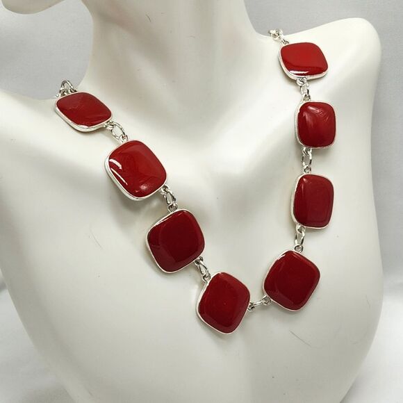 💜Red & Silver Plated Square Necklace & Dangling Earrings - Picture 10 of 16